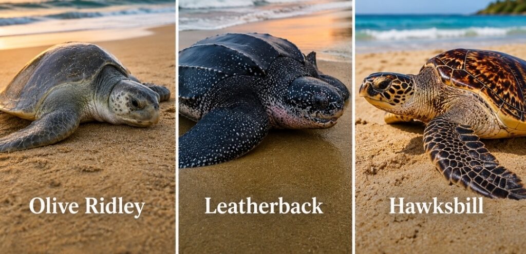Three different sea turtles resting on sandy beaches near the ocean. The first turtle, labeled "Olive Ridley," has a smooth, olive-colored shell. The second turtle, labeled "Leatherback," has a dark, leathery shell with white speckles. The third turtle, labeled "Hawksbill," has a patterned shell with shades of brown and yellow and a distinctive beak-like mouth.