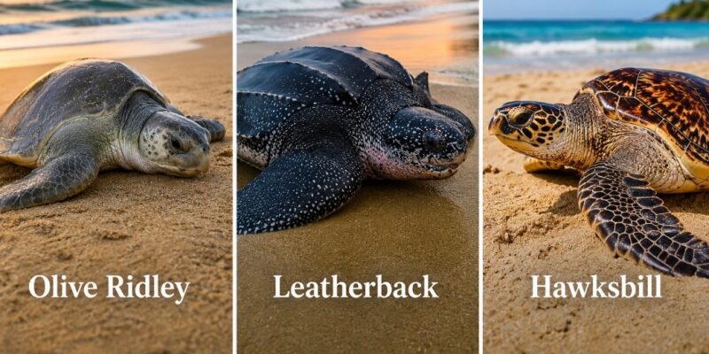Three different sea turtles resting on sandy beaches near the ocean. The first turtle, labeled "Olive Ridley," has a smooth, olive-colored shell and a rounded head. The second turtle, labeled "Leatherback," features a dark, leathery shell with white speckles and a more elongated head. The third turtle, labeled "Hawksbill," displays a patterned shell with shades of brown and yellow and a distinctive pointed beak-like mouth.